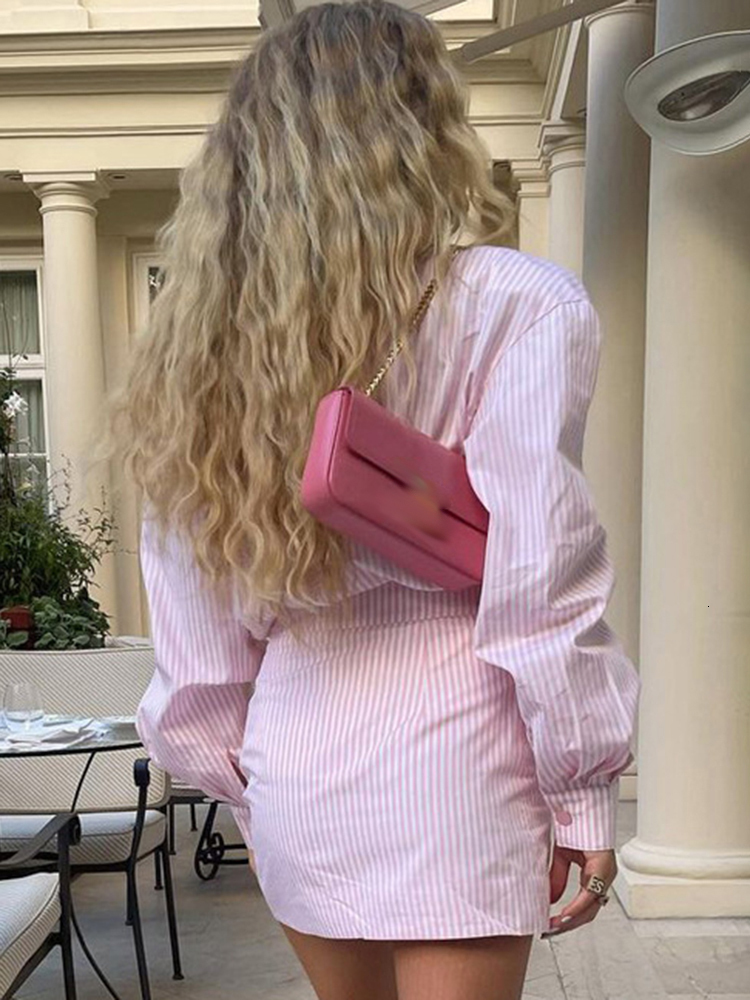 Two Piece Dress Jyate Fashion Pink Stripe Two Piece Sets Womens Outifits Autumn Sexy Long Sleeve Shirts Matching High Waist Mini Skirt Sets 230802