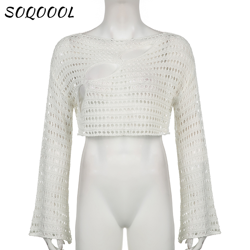Women's Sweaters Y2K Hollow Out Cropped Knit Smock Top Women Vintage Loose Distressed Crochet Pullovers Crop Tops Fairy Grunge Sweater Cover-up 2