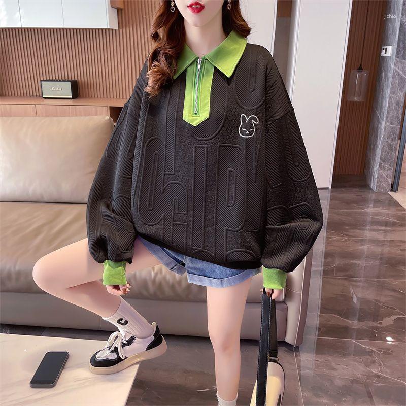 Womens Hoodies Korean Fashion Embroidery Harajuku Women Loose Patchwork Turn Down Collar Letter Jacquard Pullover Sweatshirts