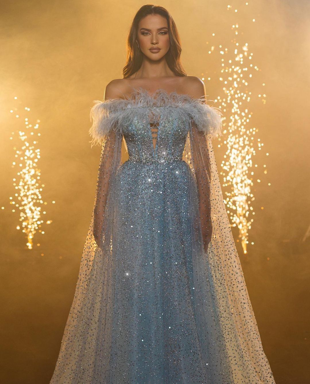 Blue A-E Prom Dresses Long Sleeves Bateau Feather Capes Appliques Sequins Beads Or Length Lace-Up 3D Lace Evening Dress Plus Size Bridal Gowns Custom 