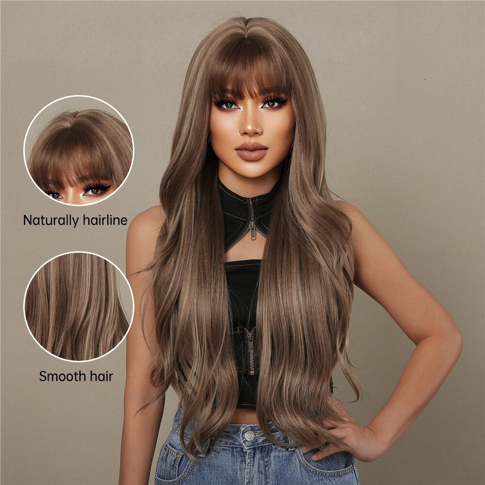 Wig Caps HAIRCUBE brown mixed blonde synthetic wig with Bang long wavy hair suitable for women's daily role-playing using heat-resistant 230803
