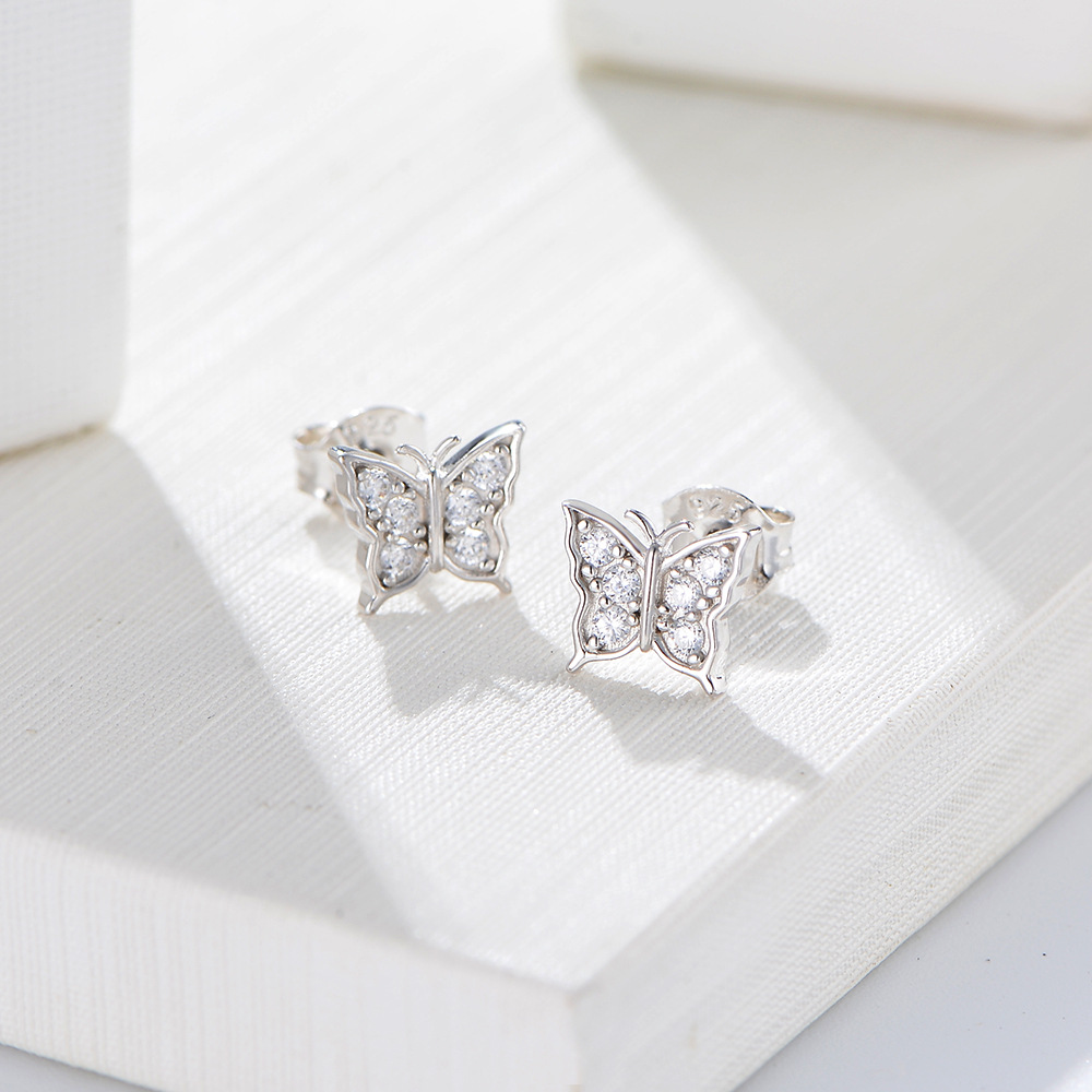 Stud Earrings S925 Silver Sterling Silver Women's Stud Earrings Designer Shiny Crystal Butterfly Hypoallergenic Earrings Simple Luxury Gold Diamo