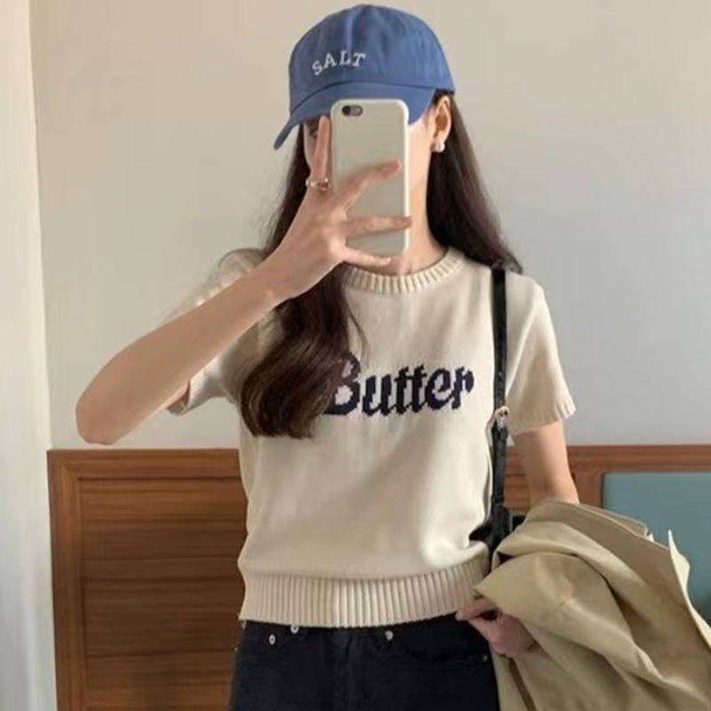 Women's Sweaters Korejpaa Korean Fashion Pull Femme Knitwear Letter Jacquard Round Neck Women Sweater Casual Short Sleeve Ladies Tops Spring 2308