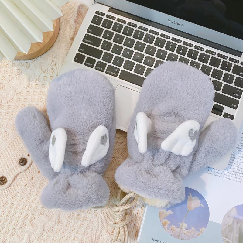 Fingerless Gloves Cute Autumn And Winter With Flap Wings For Girls Velvet Thickening Riding Cold Full Wrap Student Pink 230804