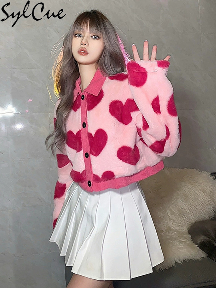 Women's Jackets Sylcue Pink Girl Youth Cute All-Match Love Contrast Woolen Loose Comfortable And Supple Women's Short Top Coat Button 230803