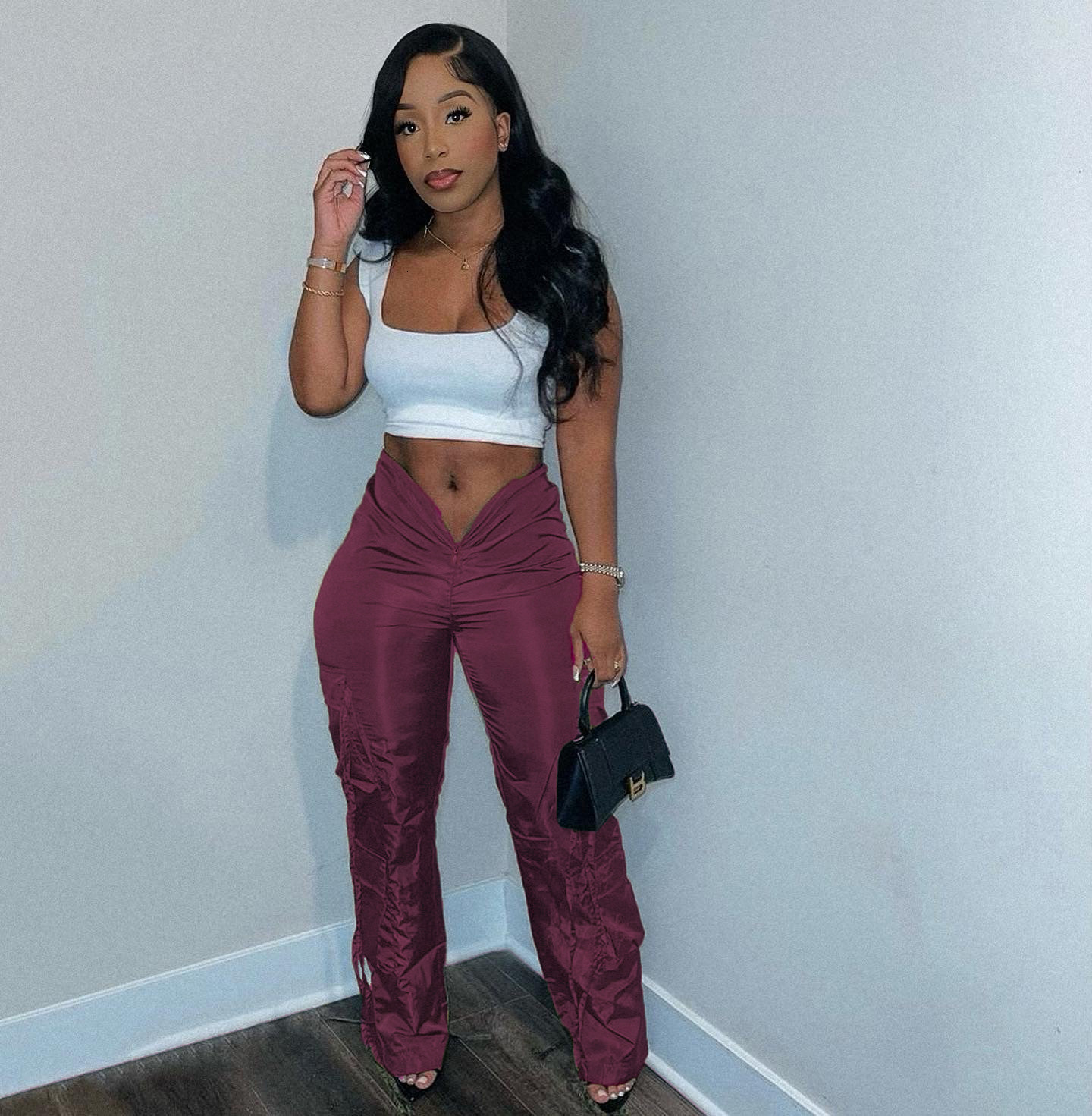 Women s Pants V Front Waist Baggy Pure Color Cargo Ruched Oversized Traf Trousers XXL Fashion Streetwear Petite Sweatpant 230803