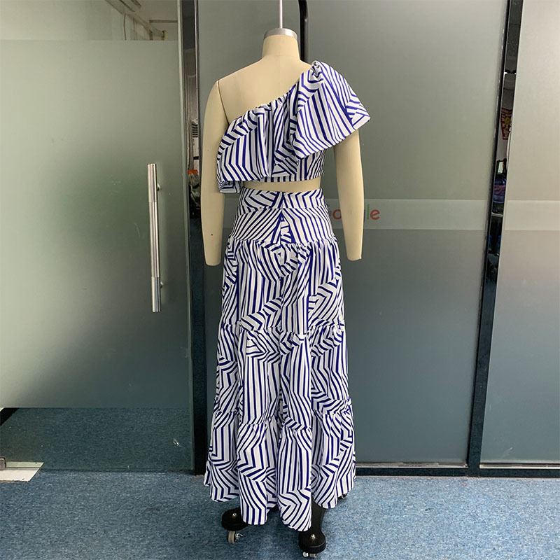 Basic Casual Dresses Wefad Two Piece Set Chic Short Sleeve Off Shoulder Nipped Waist Top Striped Printed Loose Skirt Sets 230804