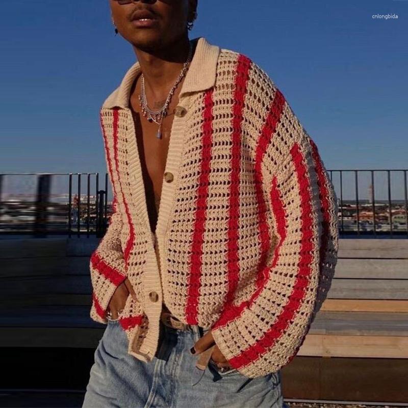 Mens Sweaters Autumn Trend Mens Knit Shirts Fashion Striped Jacquard Cardigan Tops For Men Spring Vintage Button-down Lapel Knitted