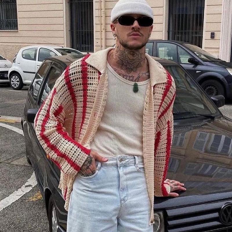 Mens Sweaters Autumn Trend Mens Knit Shirts Fashion Striped Jacquard Cardigan Tops For Men Spring Vintage Button-down Lapel Knitted