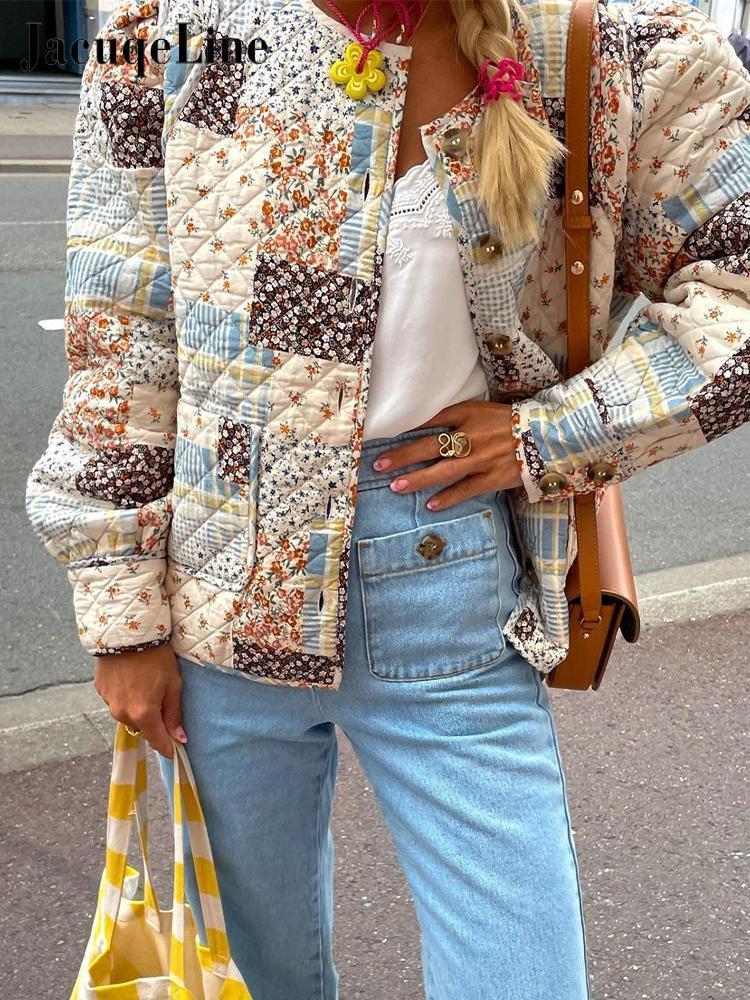 Women's Jackets Jacuqeline Autumn Women Vintage Print Cotton Coat Long Sleeve Single Breasted Short Jacket Street Fashion Ladies Overcoat 230803