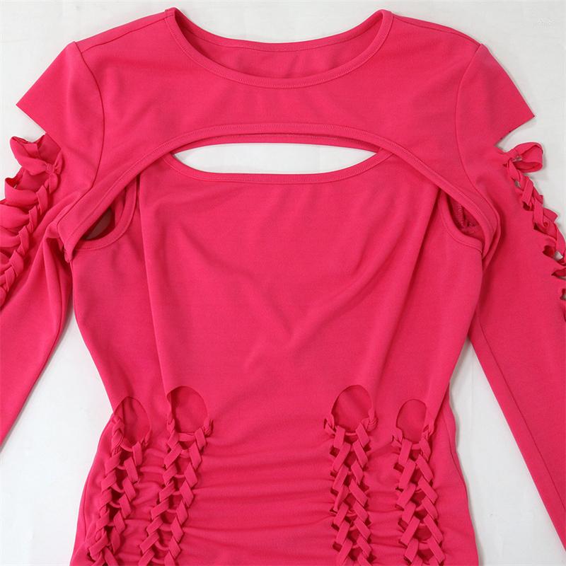 Casual Dresses Sexy Hollow Out Long Sleeve Bandage Mini For Women 2023 Party Night Club Lace-up Stretchy Birthday Outfits Bodycon Dress