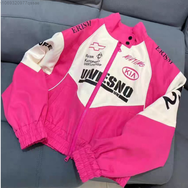 Women's Jackets American Retro Pink Patchwork Racer Jacket For Women Y2k Zipper Loose Oversize Fitting Casual Bomber Jacket Coat 230803