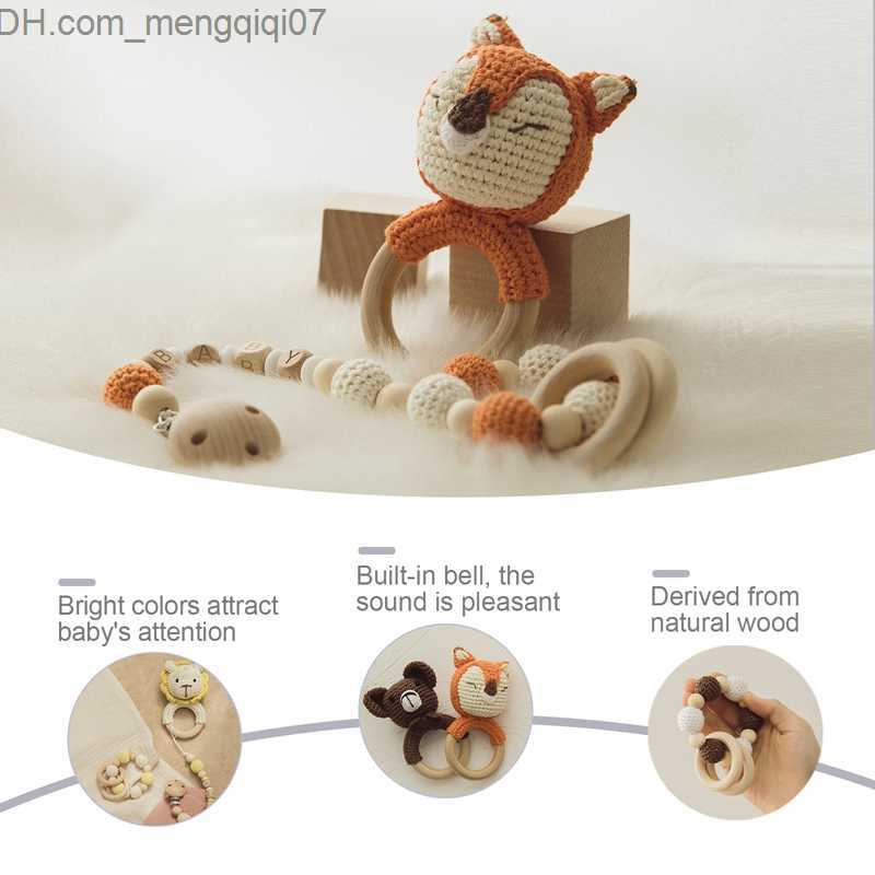 Pacifier Holders Clips# Baby toy crochet Amigurumi lat fox wooden ring newborn dummy bracket pacifier chain chewing teeth education baby lat Z230804