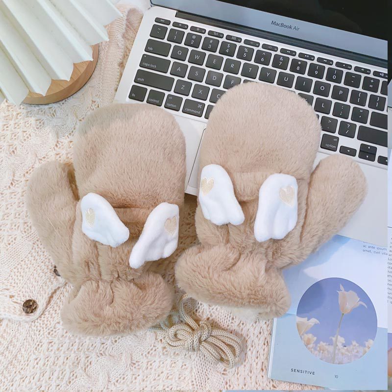 Fingerless Gloves Cute Autumn And Winter With Flap Wings For Girls Velvet Thickening Riding Cold Full Wrap Student Pink 230804