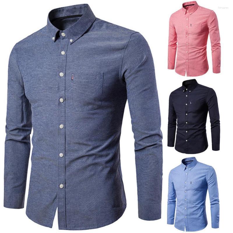 Men's Dress Shirts Men Solid Color Turn Down Collar Long Sleeve Shirt Slim Button Pocket Work Top B4