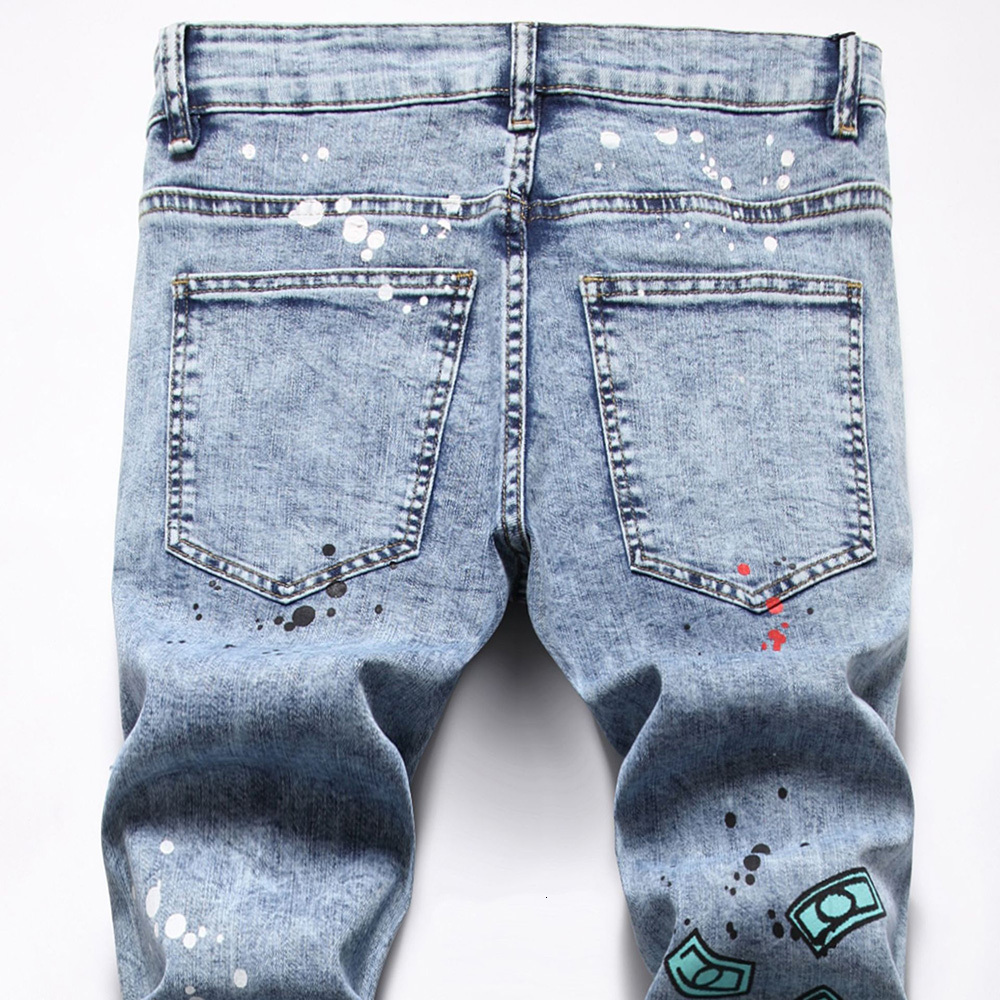 Men s Jeans Men Printed Stretch Fashion Flame Letters Dollar Painted Denim Pants Snow Washed Slim Straight Trousers 230804