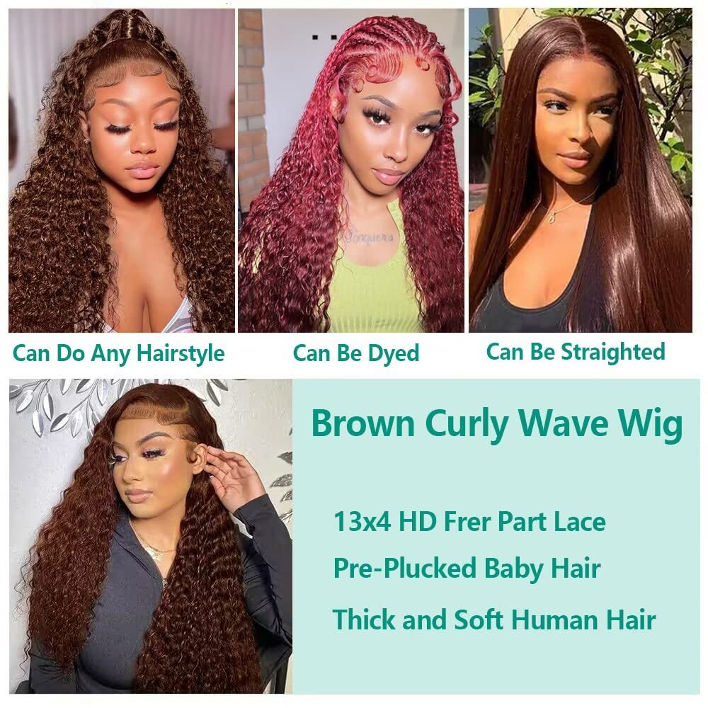 Synthetic Wigs Chocolate Brown Deep Wave 13x4 Transparent Lace Front Wet Wavy Human Hair Pre Plucked Brazilian #4 Curls Frontal Wig 230803