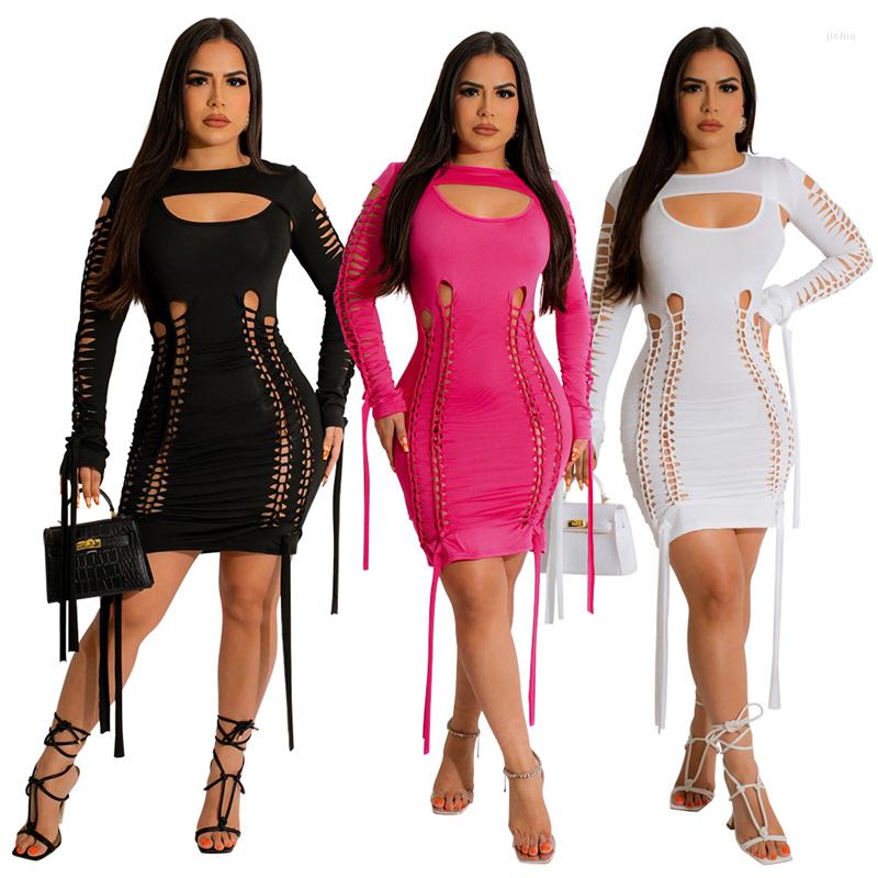 Casual Dresses Sexy Hollow Out Long Sleeve Bandage Mini For Women 2023 Party Night Club Lace-up Stretchy Birthday Outfits Bodycon Dress