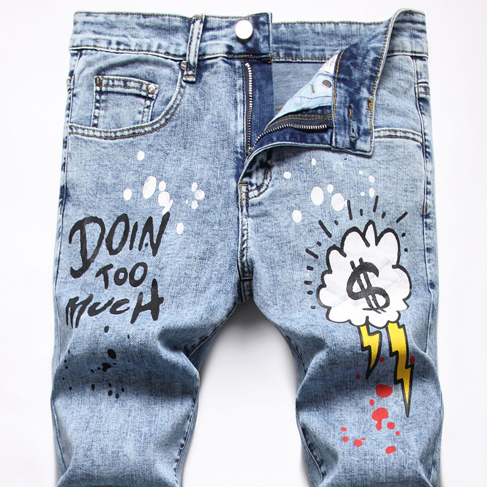 Men s Jeans Men Printed Stretch Fashion Flame Letters Dollar Painted Denim Pants Snow Washed Slim Straight Trousers 230804