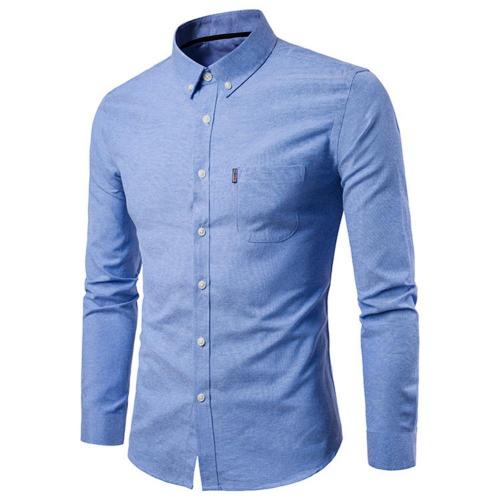 Men's Dress Shirts Men Solid Color Turn Down Collar Long Sleeve Shirt Slim Button Pocket Work Top B4