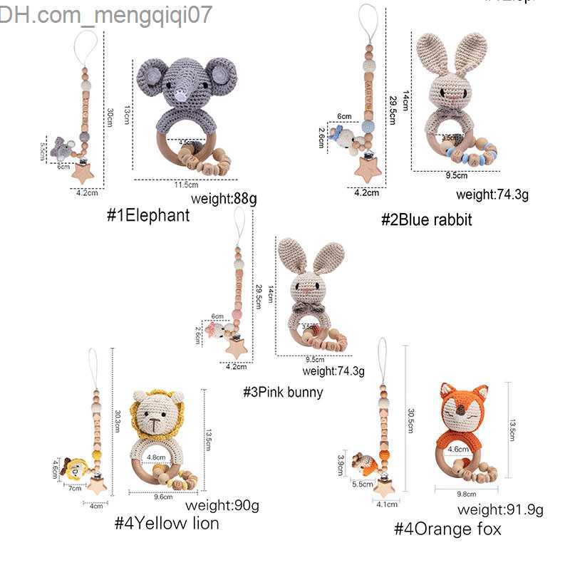 Pacifier Holders Clips# 2 food grade baby wooden teeth Rattlesnake toy crochet animal lion fox baby pacifier chain tooth bracelet newborn gift Z230804