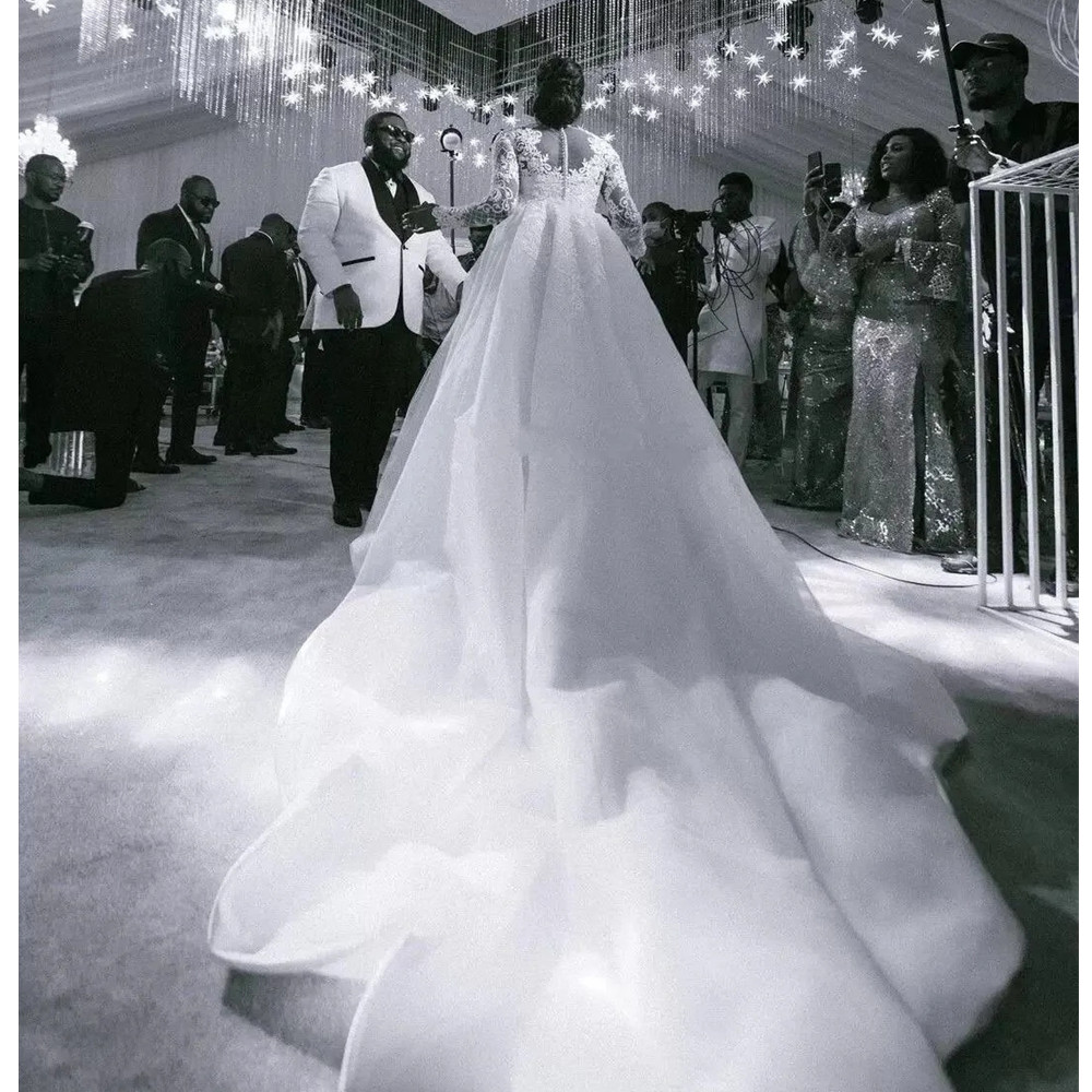 Plus Size Mermaid Wedding Dress Arabic Aso Ebi Sheer Neck High Bride Dress Long Sleeves Gowns Dresses African Arabic Charming Train Formal Bridal Gown