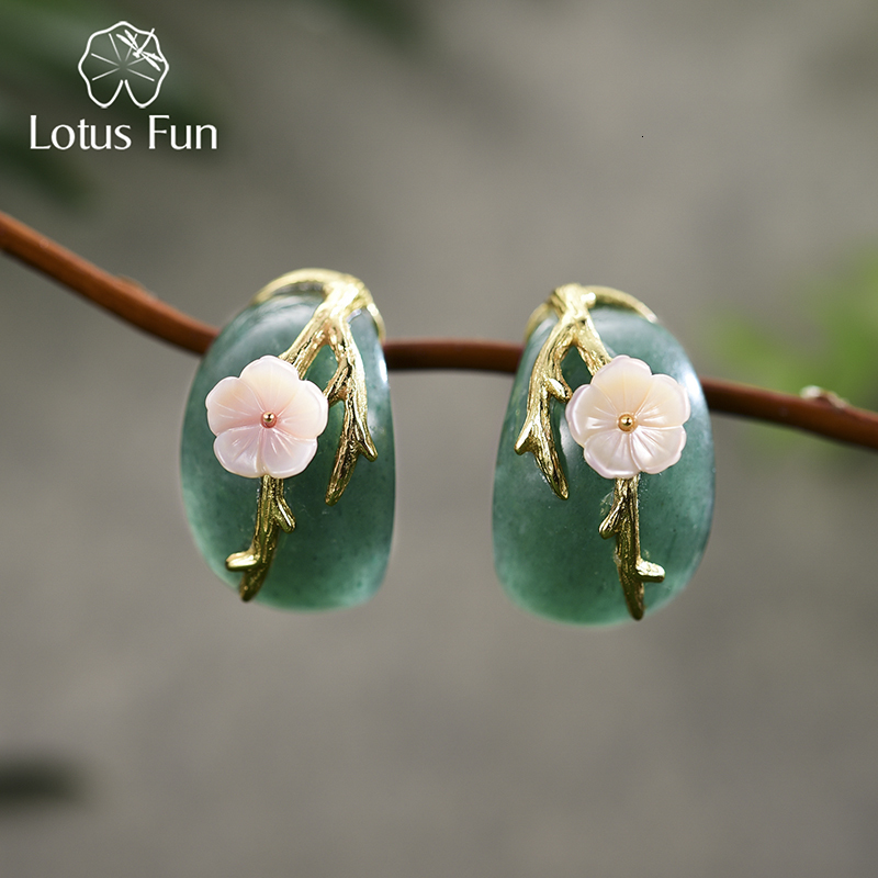 Stud Lotus Fun Real 925 Sterling Silver Natural Aventurine Original Handmade Fine Jewelry Plum Flower Earrings for Women 230804