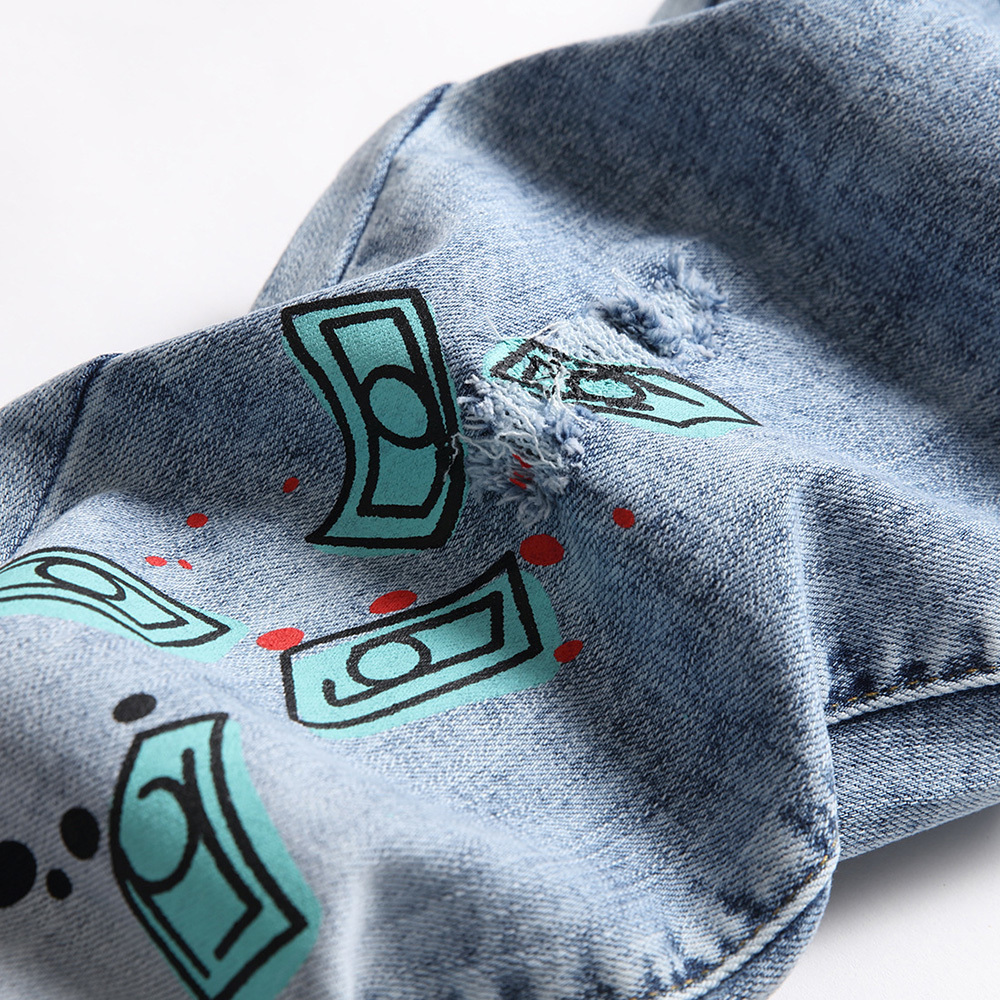 Men s Jeans Men Printed Stretch Fashion Flame Letters Dollar Painted Denim Pants Snow Washed Slim Straight Trousers 230804