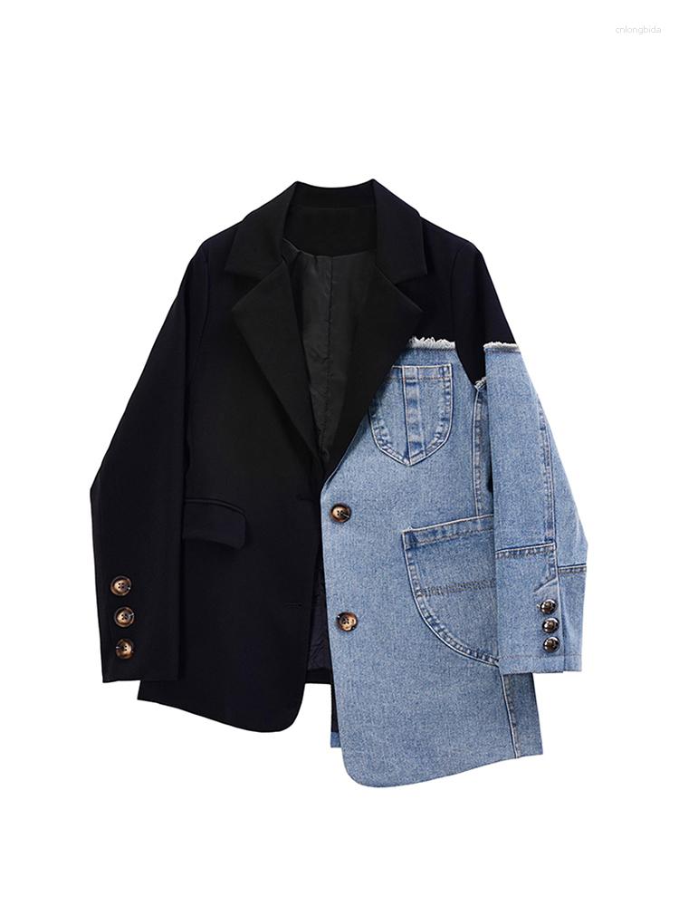 Womens Suits Women Vintage Fashion Blazer Denim Patchwork Jackets Autumn Winter Irregular Coat Long Sleeve Loose Korean Outerwear