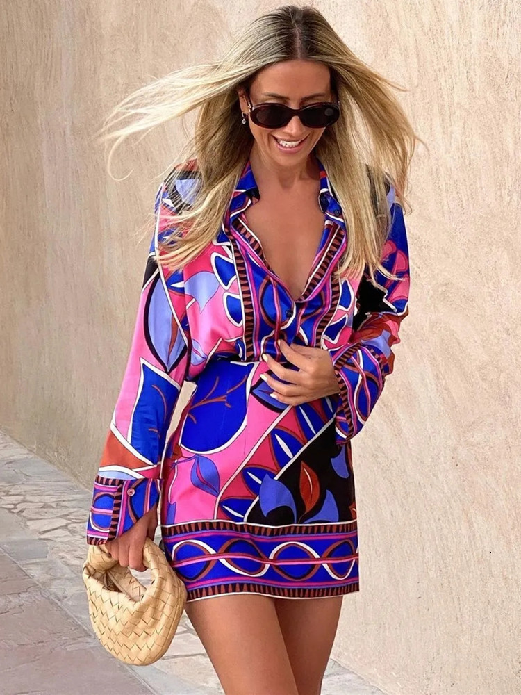 Women's Blouses Shirts TRAF Print Button Up Shirt Women Vintage Long Sleeve Top Female Streetwear Collared Shirt Woman Summer Elegant Blouses 230