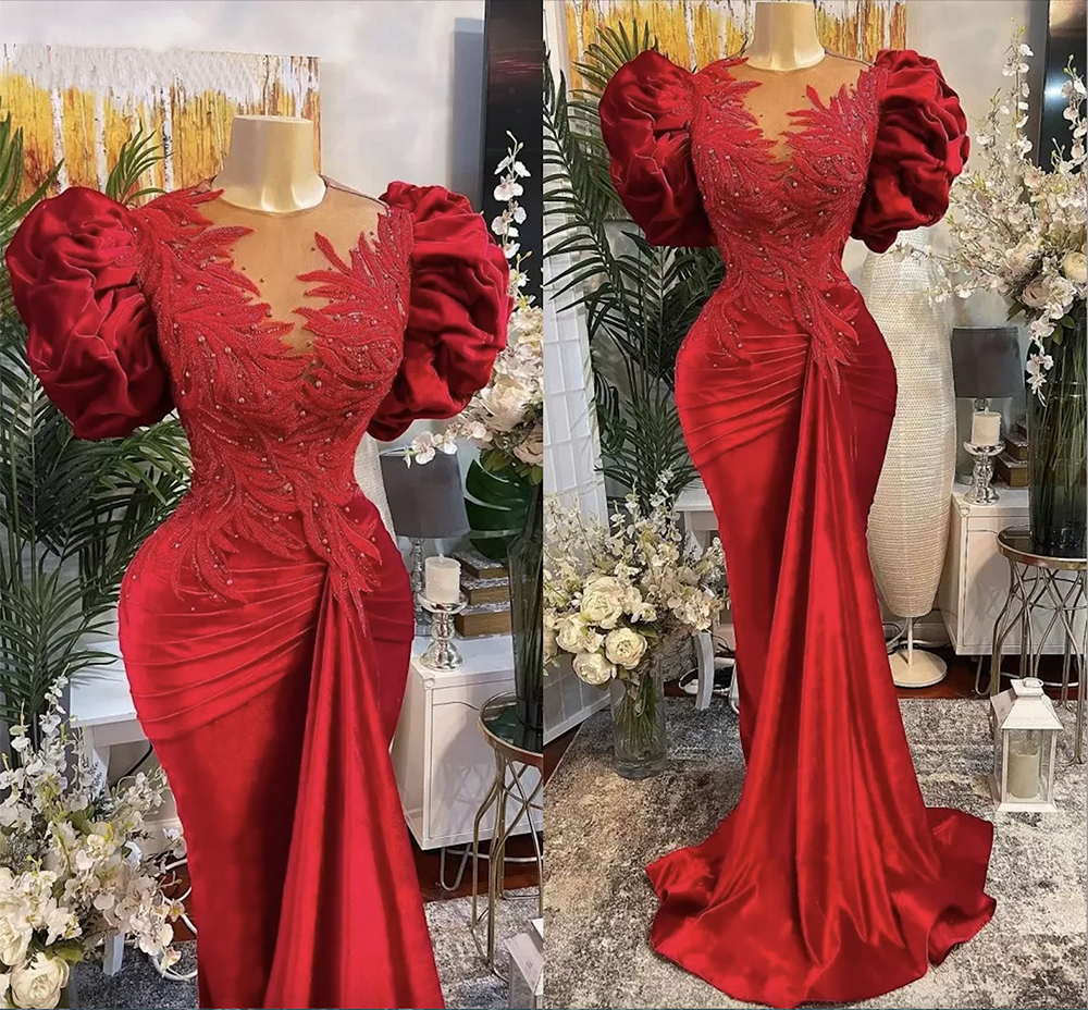 Plus Size Arabic Aso Ebi Red Mermaid Lace Prom Dresses Ruched Puffy Short Sleeves Beaded Sheer Neck Velvet Evening Formal Party Gowns Second Reception Dress