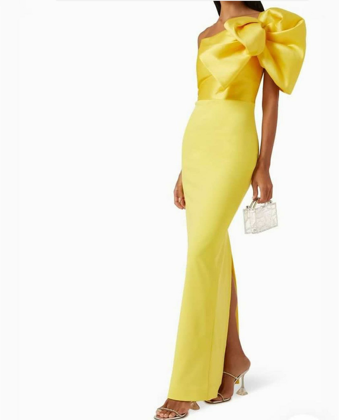 Women's Long Yellow One Shoulder Prom Dresses Robe De Soiree Mermaid Crepe Pleats Floor Length Formal Party Dresses With Bow