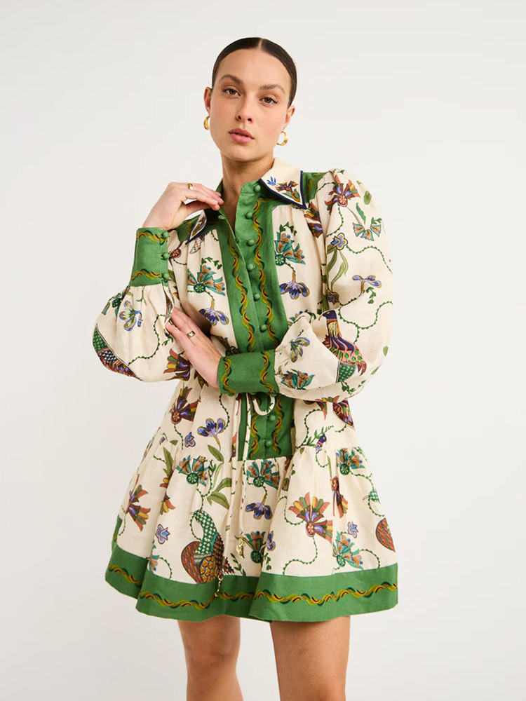 Urban Sexy Dresses Peacock Flower Printed Mini Pleated Dres Long Lantern Sleeve Single Breasted Fashion Holiday Summer Loose Robe 230804