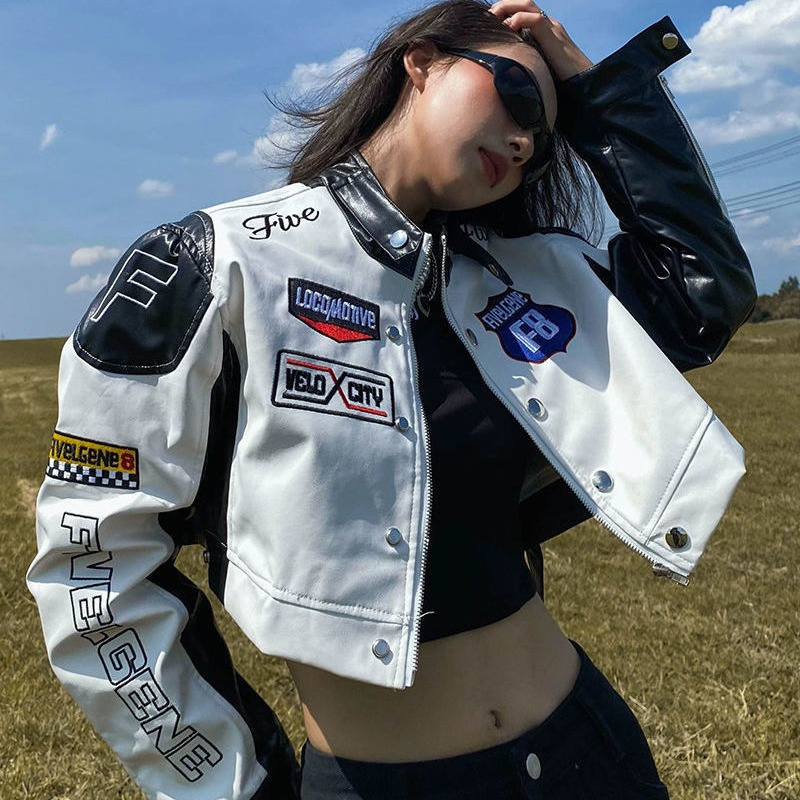 Women's Jackets Womens Short PU Jacket Patchwork Motorcycle Pink Leather Jackets Spring Autumn Outerwear Streetwear Harajuku Y2k Coat Female 2308