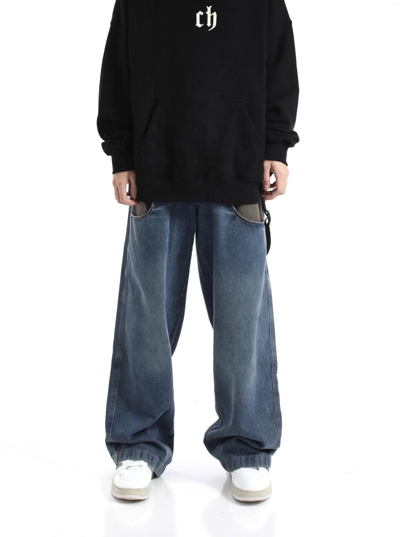 Men's Jeans Patchwork Baggy Wide Leg Pants Men Distressed Denim Trousers Male Oversize Japanese Streetwear Safari Style Casual