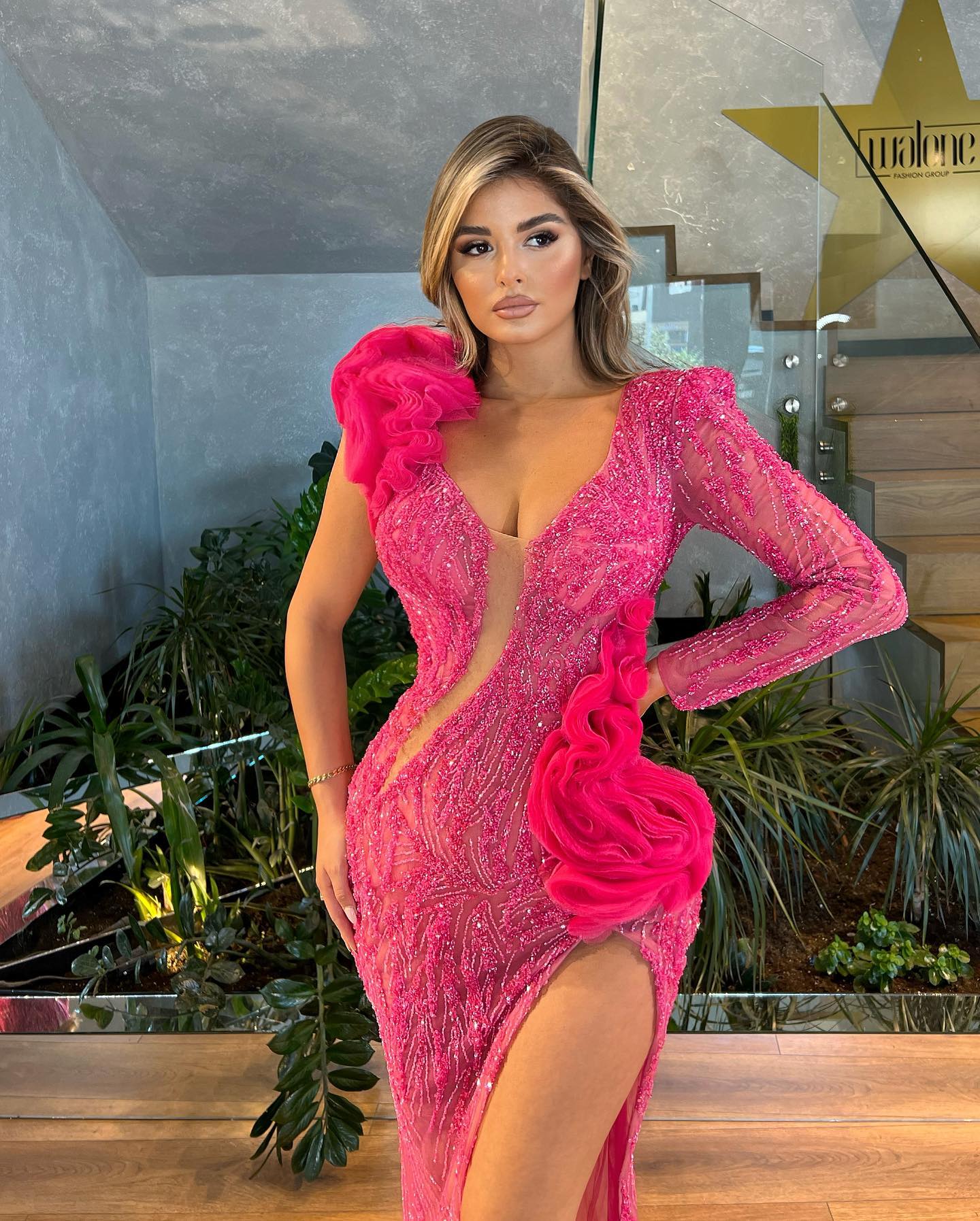 Rosy Pink Mermaid Evening Beads V Neck Formal Party Prom Dress Ruffle Flower Split Pleats Red Carpet Long Dresses For Special Ocn 0515