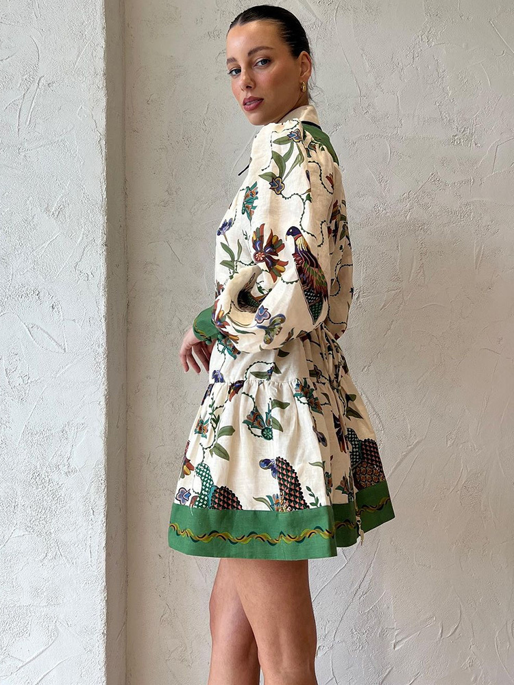 Urban Sexy Dresses Peacock Flower Printed Mini Pleated Dres Long Lantern Sleeve Single Breasted Fashion Holiday Summer Loose Robe 230804