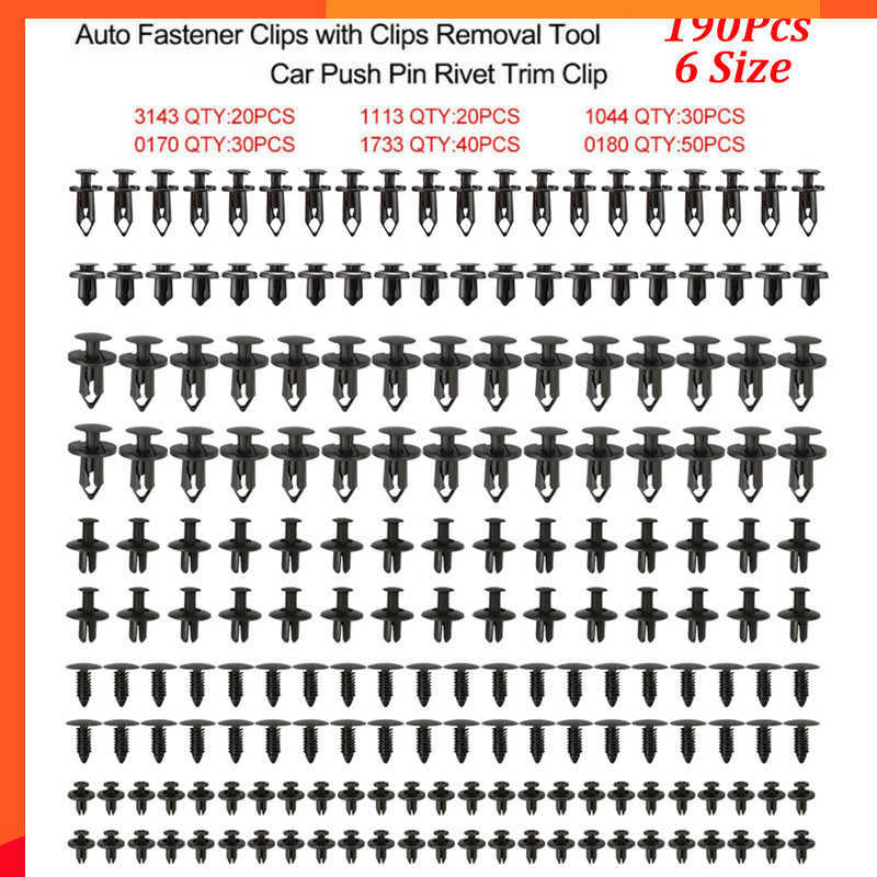 New 190Pcs 6 Size Universal Auto Fastener Push Pin Rivet Trim Clips Vehicle Car Door Panel Fender Liner for Honda Civic Ford Focus