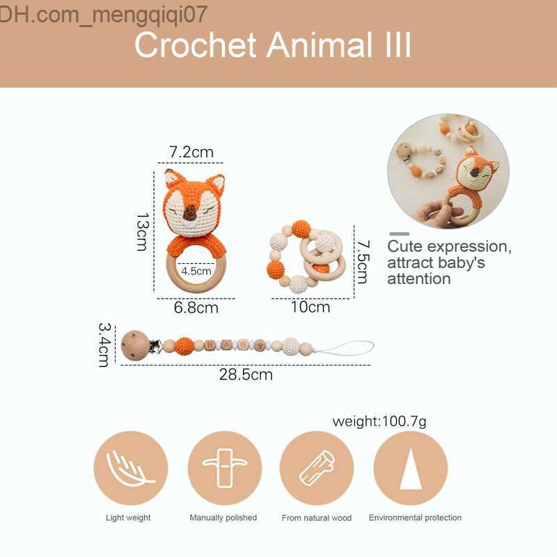 Pacifier Holders Clips# Baby toy crochet Amigurumi lat fox wooden ring newborn dummy bracket pacifier chain chewing teeth education baby lat Z230804