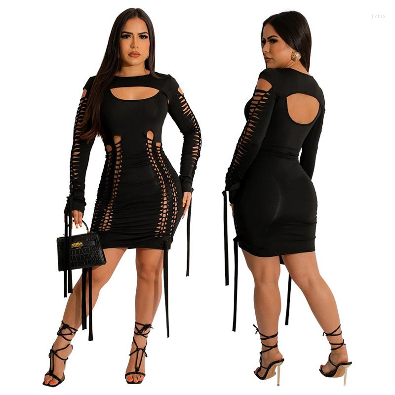 Casual Dresses Sexy Hollow Out Long Sleeve Bandage Mini For Women 2023 Party Night Club Lace-up Stretchy Birthday Outfits Bodycon Dress