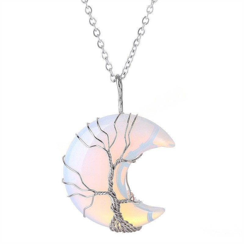 Tree of Life Wire Wrapped Moon Pendant Necklace Reiki Healing Crystal Stone Necklaces Natural Rose Quartz Jewelry for Women