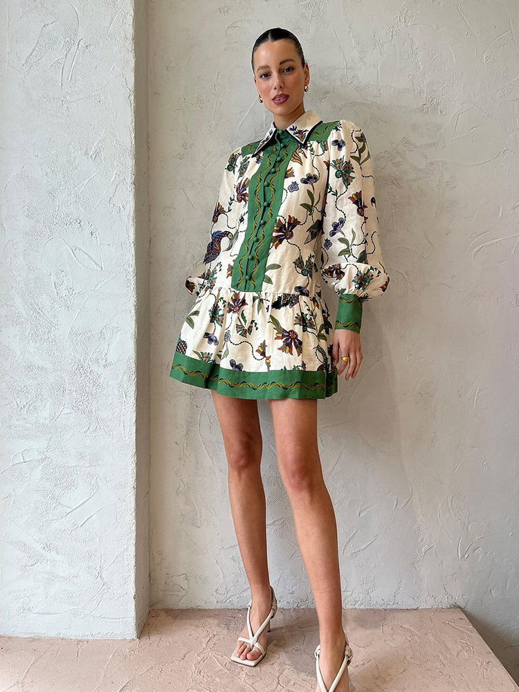 Urban Sexy Dresses Peacock Flower Printed Mini Pleated Dres Long Lantern Sleeve Single Breasted Fashion Holiday Summer Loose Robe 230804