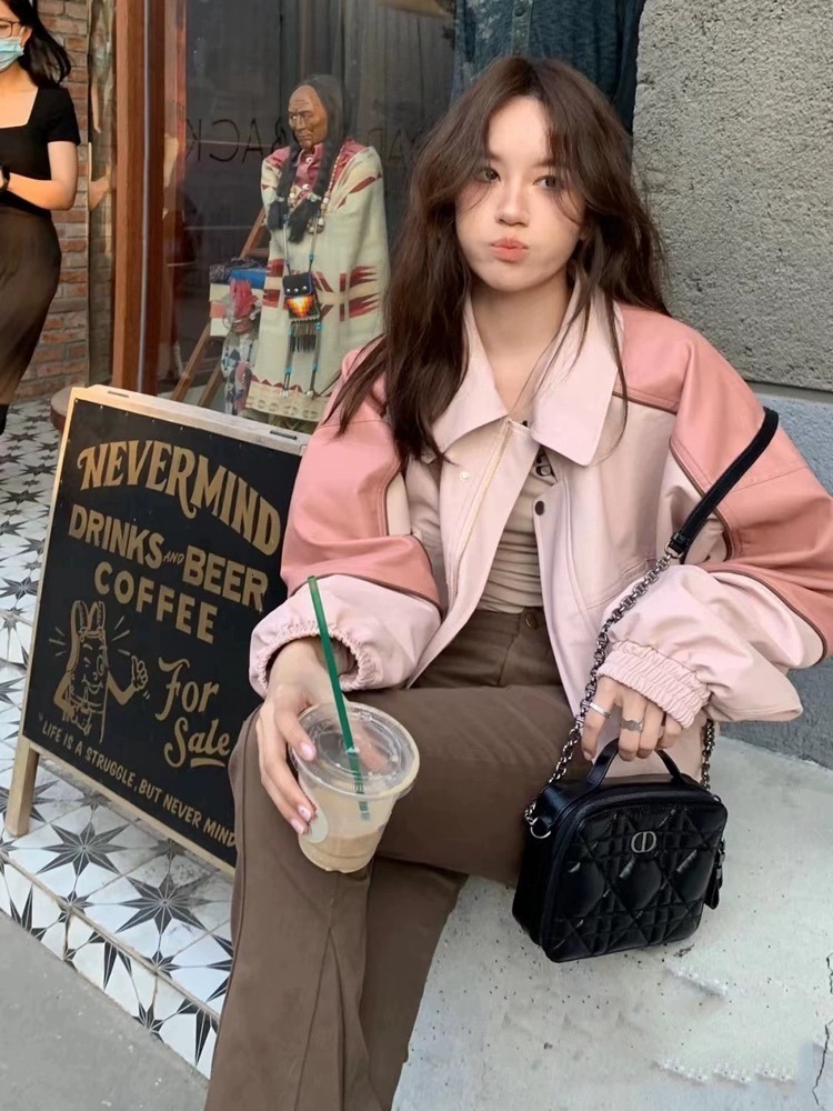 Women's Jackets Deeptown Pink Zip Up Cropped Jackets for Women Y2k Streetwear Sweet PU Leather Jacket 90s Vintage Varsity Jackets Harajuku Coats 