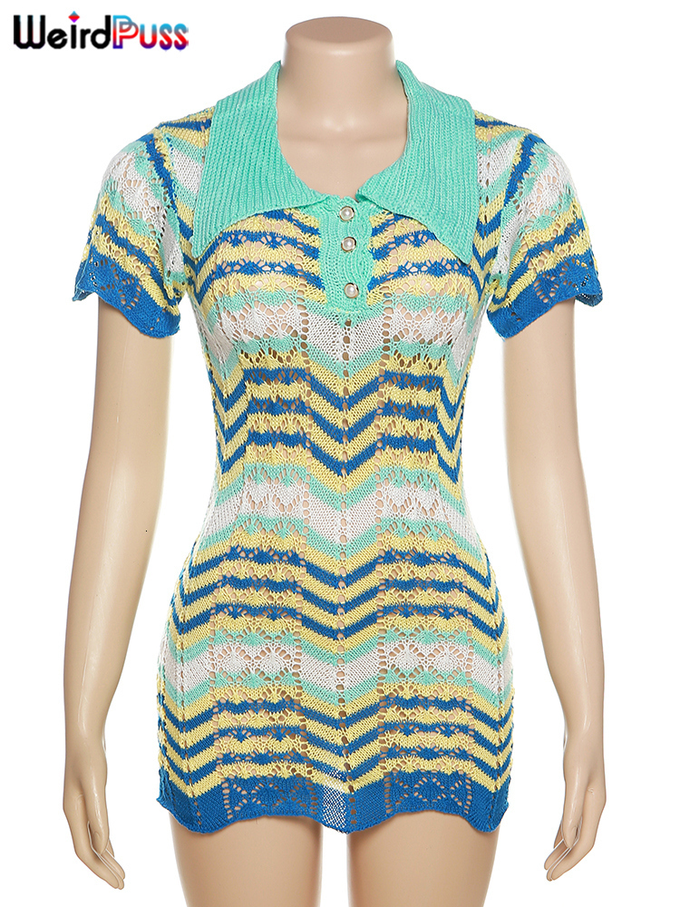 Basic Casual Dresses Weird Puss Crochet Wavy Dress Women Summer Short Sleeve Polo Button Mini Bodycon Skinny Elastic Vintage Fashion Streetwear 230803