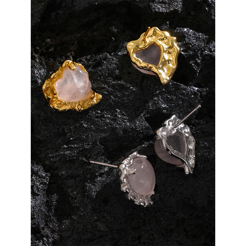 Stud Yhpup Rose Quartz Stone Heart Sterling Silver Earring Romantic Sweet Stylish Fine Jewelry Girlfriend Gift Lovers 230804