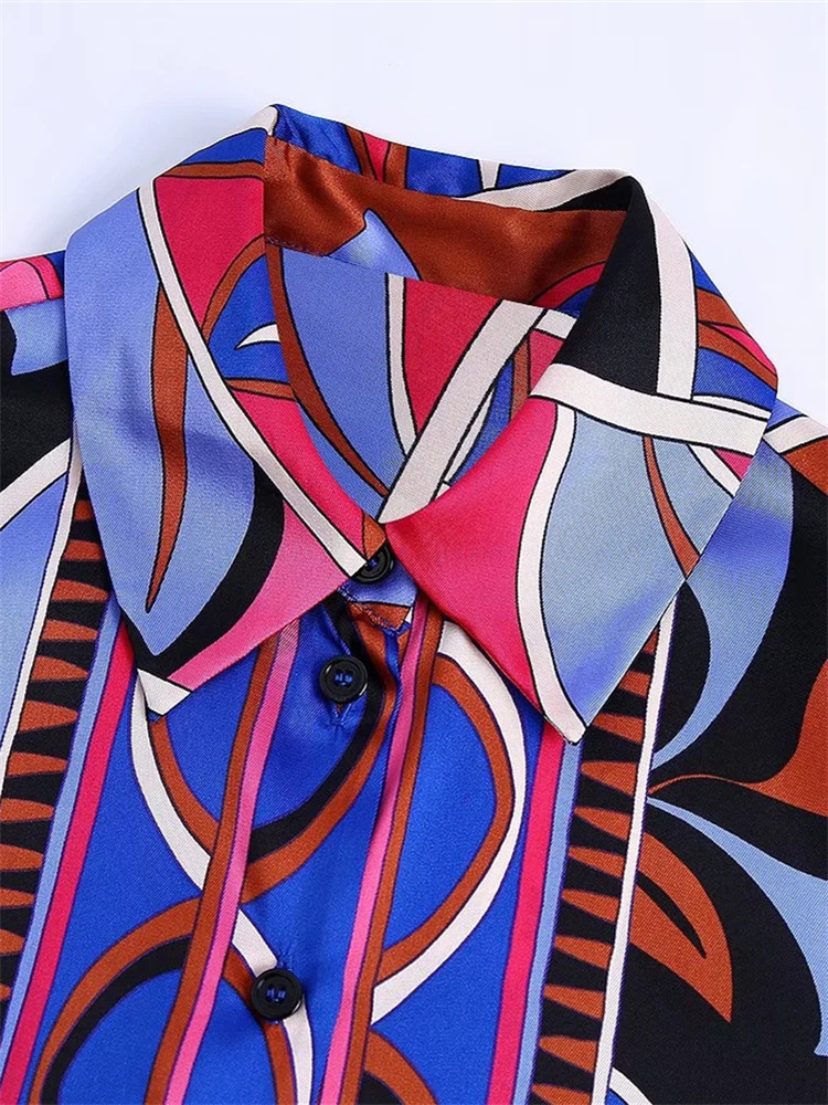 Women's Blouses Shirts TRAF Print Button Up Shirt Women Vintage Long Sleeve Top Female Streetwear Collared Shirt Woman Summer Elegant Blouses 230