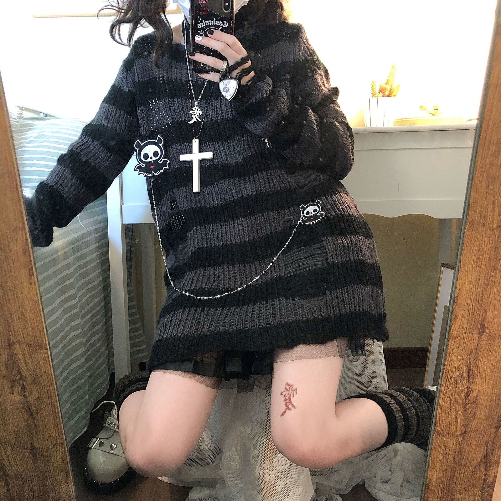 Women's Sweaters Karrram Pink Striped Gothic Sweaters Women Ripped Holes Loose Knitted Pullover Frayed Fairy Grunge Jumpers Emo Streetwear Lolita