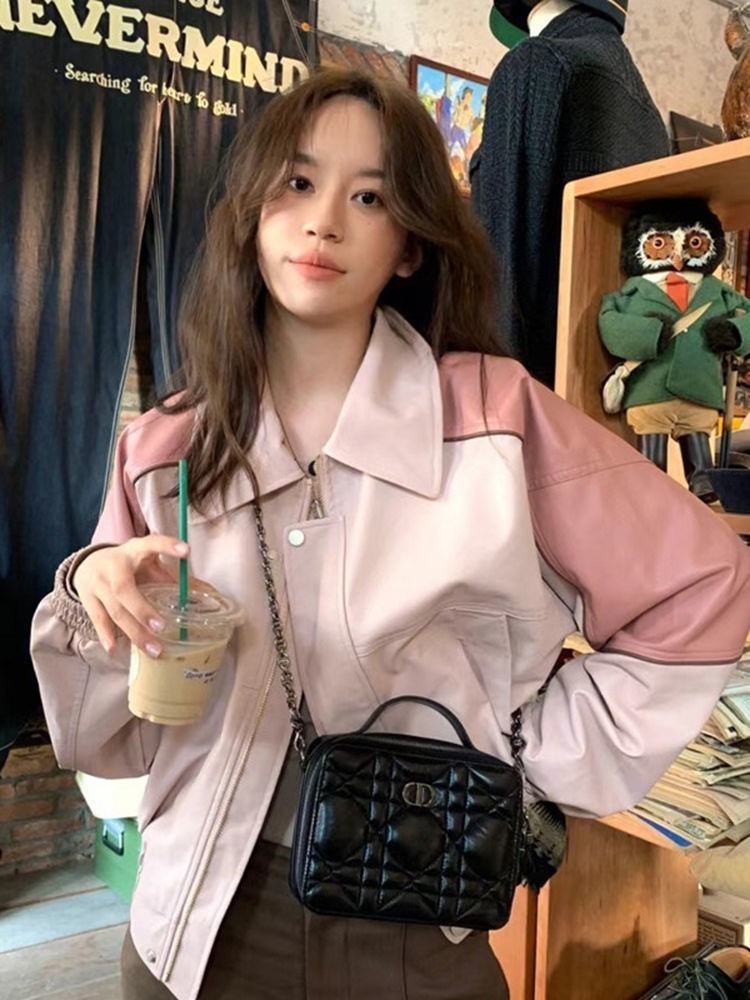 Women's Jackets Deeptown Pink Zip Up Cropped Jackets for Women Y2k Streetwear Sweet PU Leather Jacket 90s Vintage Varsity Jackets Harajuku Coats 
