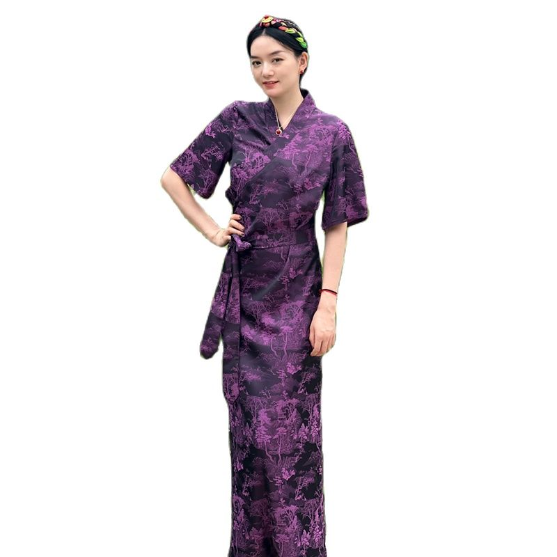Women Ethnic Clothing National Tibetan Costume Female Silk Gown Long Sleeve vintage apparel Cheongsam Style Summer Elegant Robe