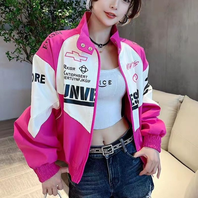 Women's Jackets American Retro Pink Patchwork Racer Jacket For Women Y2k Zipper Loose Oversize Fitting Casual Bomber Jacket Coat 230803